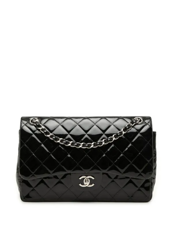 Chanel Pre-owned 2013-2014 Jumbo Classic Patent Double Flap Shoulder Bag in Black