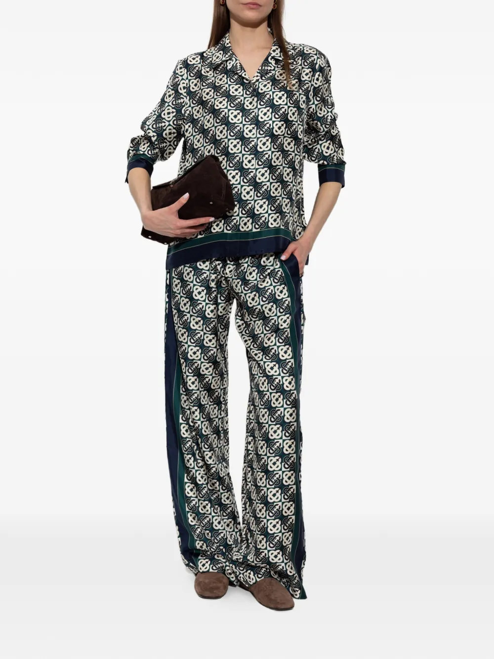 Casablanca Zijden pyjamatop met monogramprint Groen