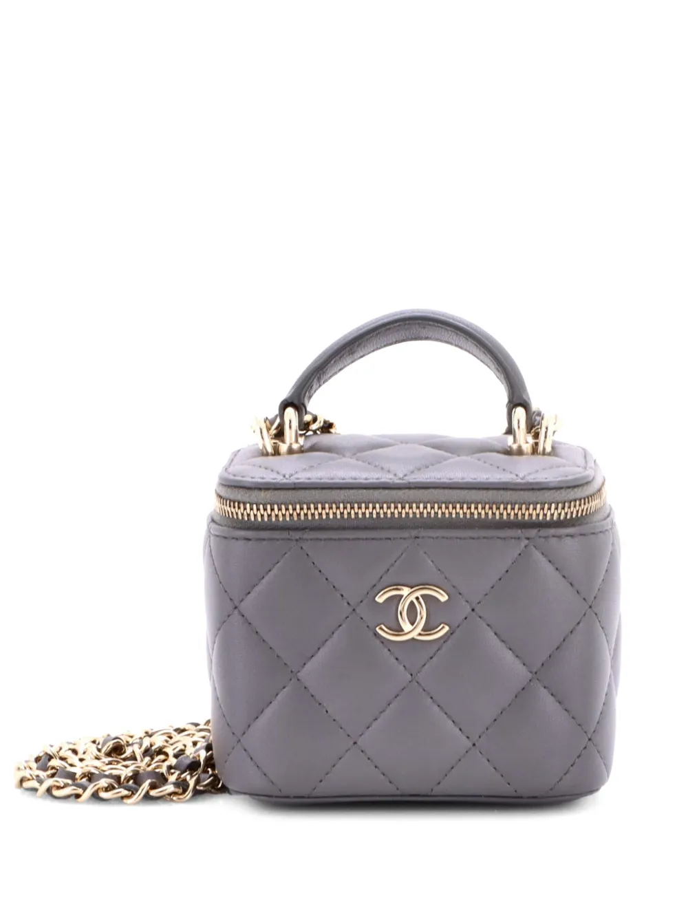 CHANEL Pre-Owned Borsa a tracolla Vanity Case mini in pelle di agnello trapuntata con manico - Grigio