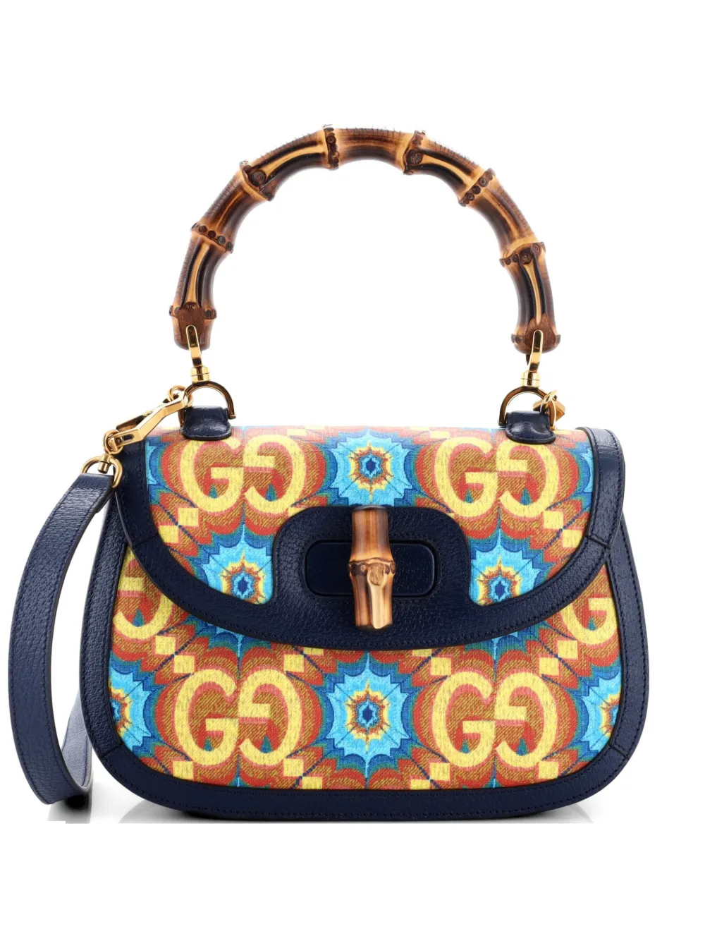 Gucci Pre-Owned Borsa a tracolla Bamboo 1947 media in tela cerata GG con stampa e manico - Blu