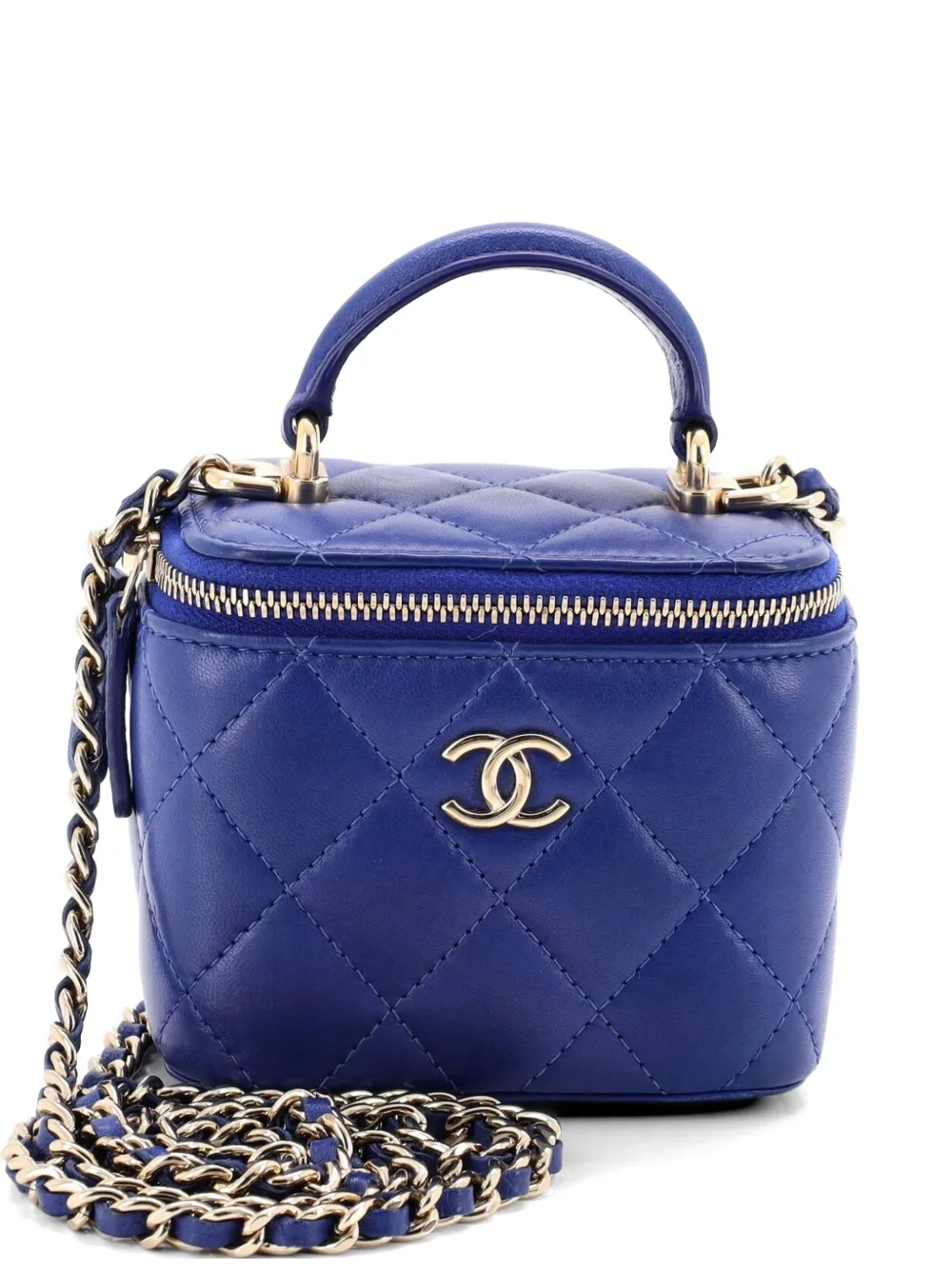CHANEL Pre-Owned Borsa a tracolla Vanity Case mini in pelle di agnello trapuntata con manico - Blu