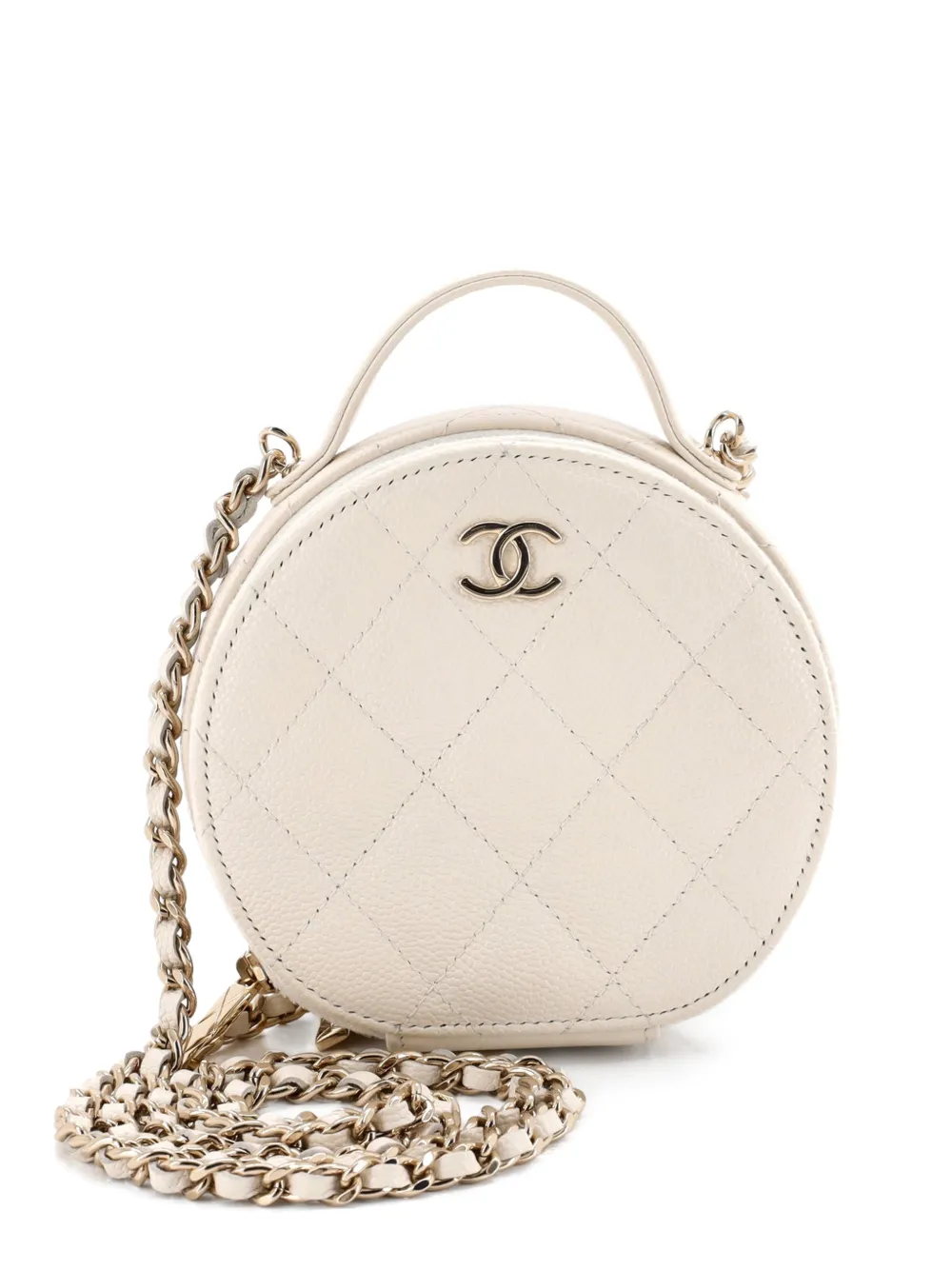 CHANEL Pre-Owned Borsa a tracolla Vanity Case tonda piccola in pelle Caviar trapuntata con manico catena - Toni neutri