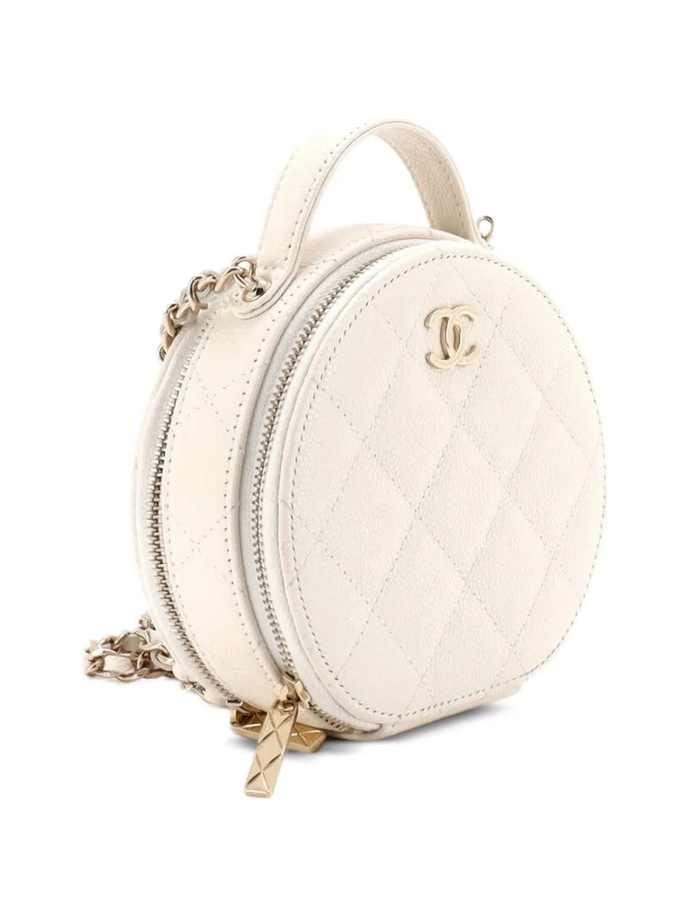  Chanel Pre-owned Handle With Care Round Vanity Case With Chain Quilted Caviar Small Crossbody Bag - Tons Neutres 
