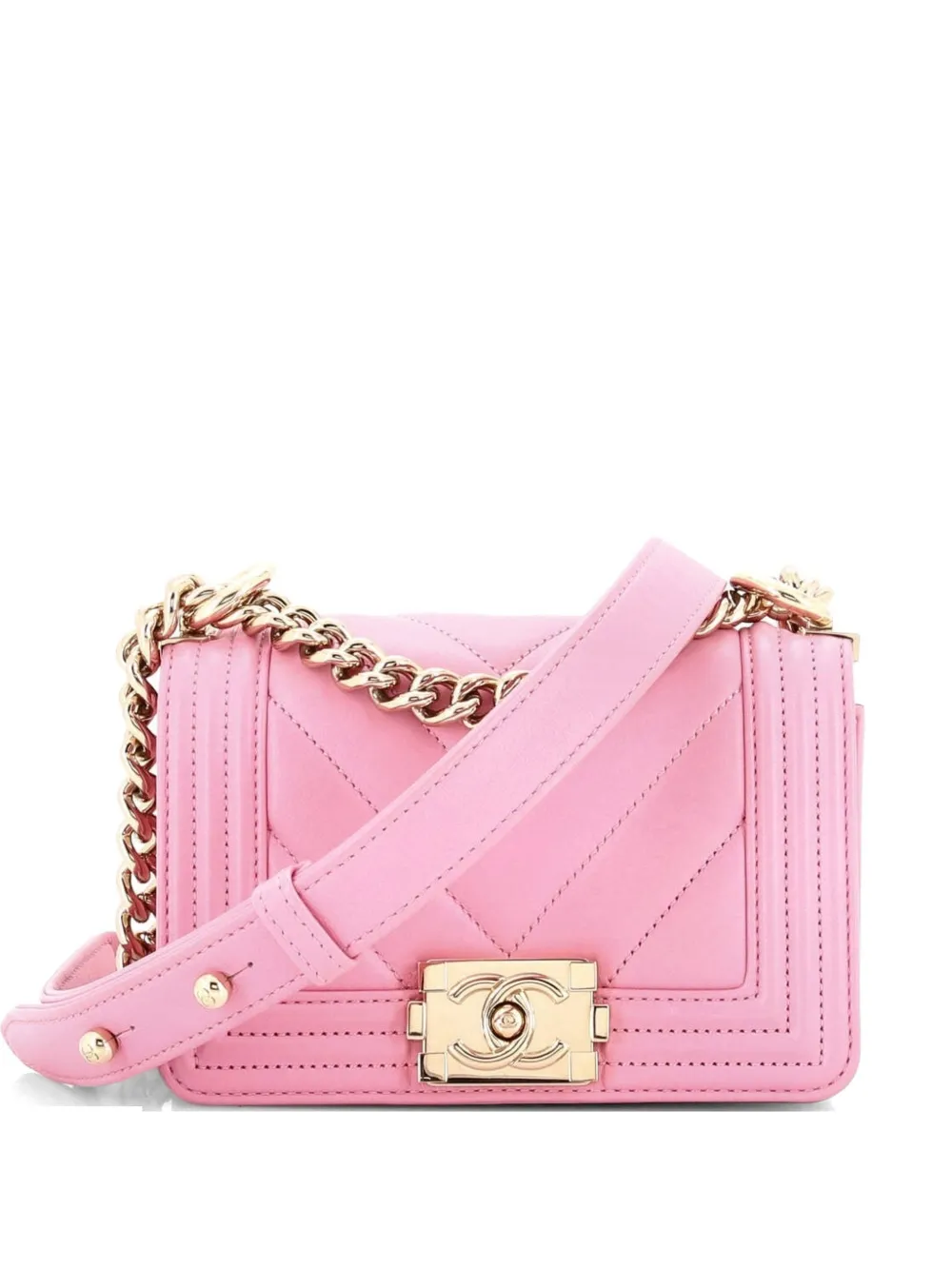 CHANEL Pre-Owned Borsa a spalla Boy mini in pelle di agnello con battente e motivo chevron - Rosa