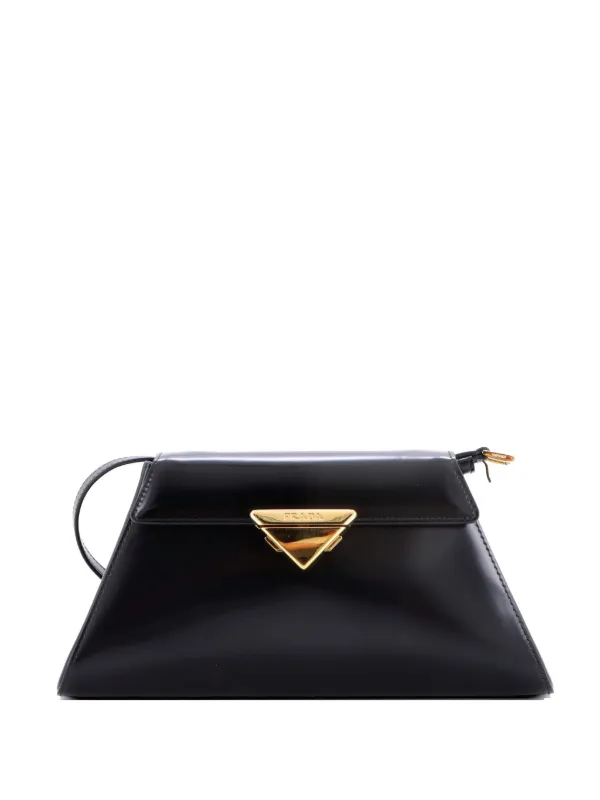 Prada Pre-owned Trapezoid Flap Brushed Leather Shoulder Bag in Black