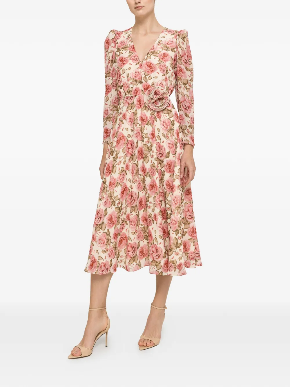 NISSA floral-detail chiffon midi dress - Neutrals