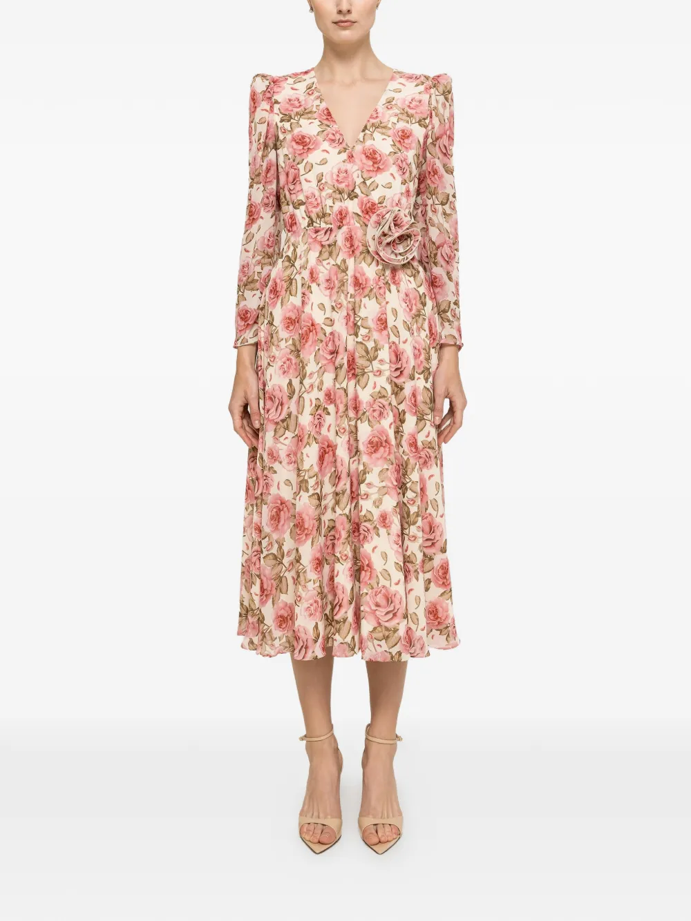 NISSA Chiffon midi-jurk met bloemendetail Beige