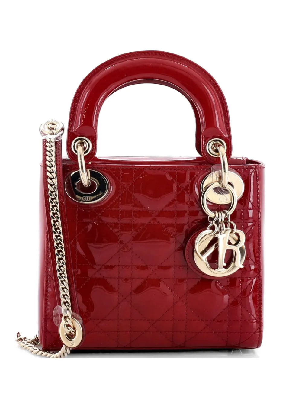 Christian Dior Pre-Owned Borsa a tracolla Lady Dior mini in pelle verniciata trapuntata con motivo Cannage e catena - Rosso