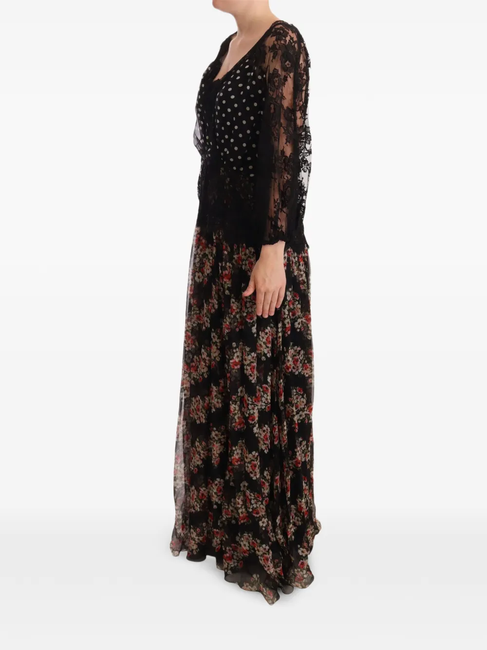 Dolce & Gabbana Maxi-jurk met kanten vlakken en bloemenprint Zwart