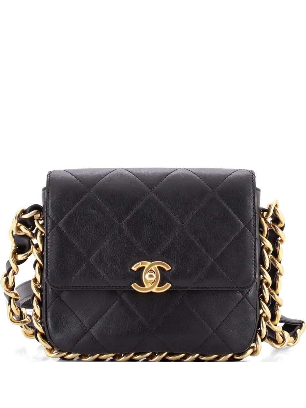 CHANEL Pre-Owned Borsa a spalla piccola in pelle di vitello trapuntata con battente e catena - Nero