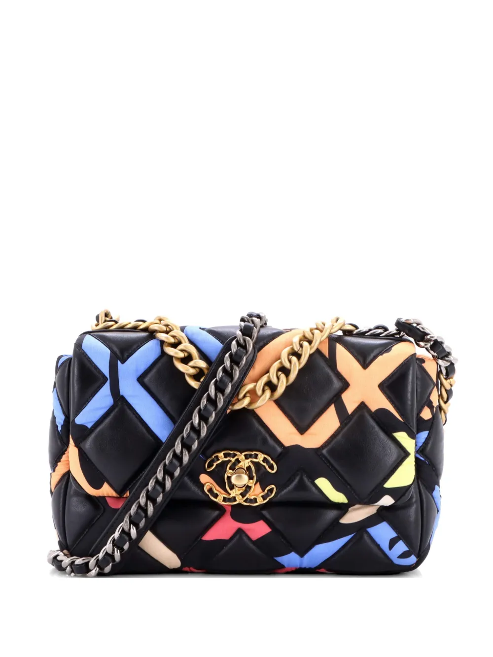 CHANEL Pre-Owned Borsa a spalla 19 media in pelle di agnello trapuntata e seta con stampa - Nero