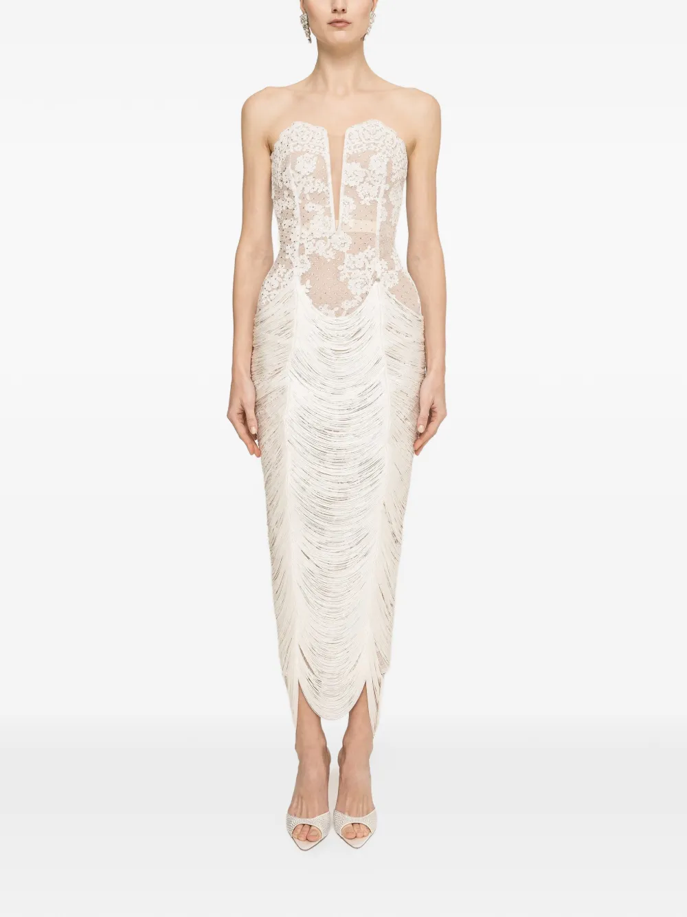 NISSA fringed-hem lace midi dress - Nude
