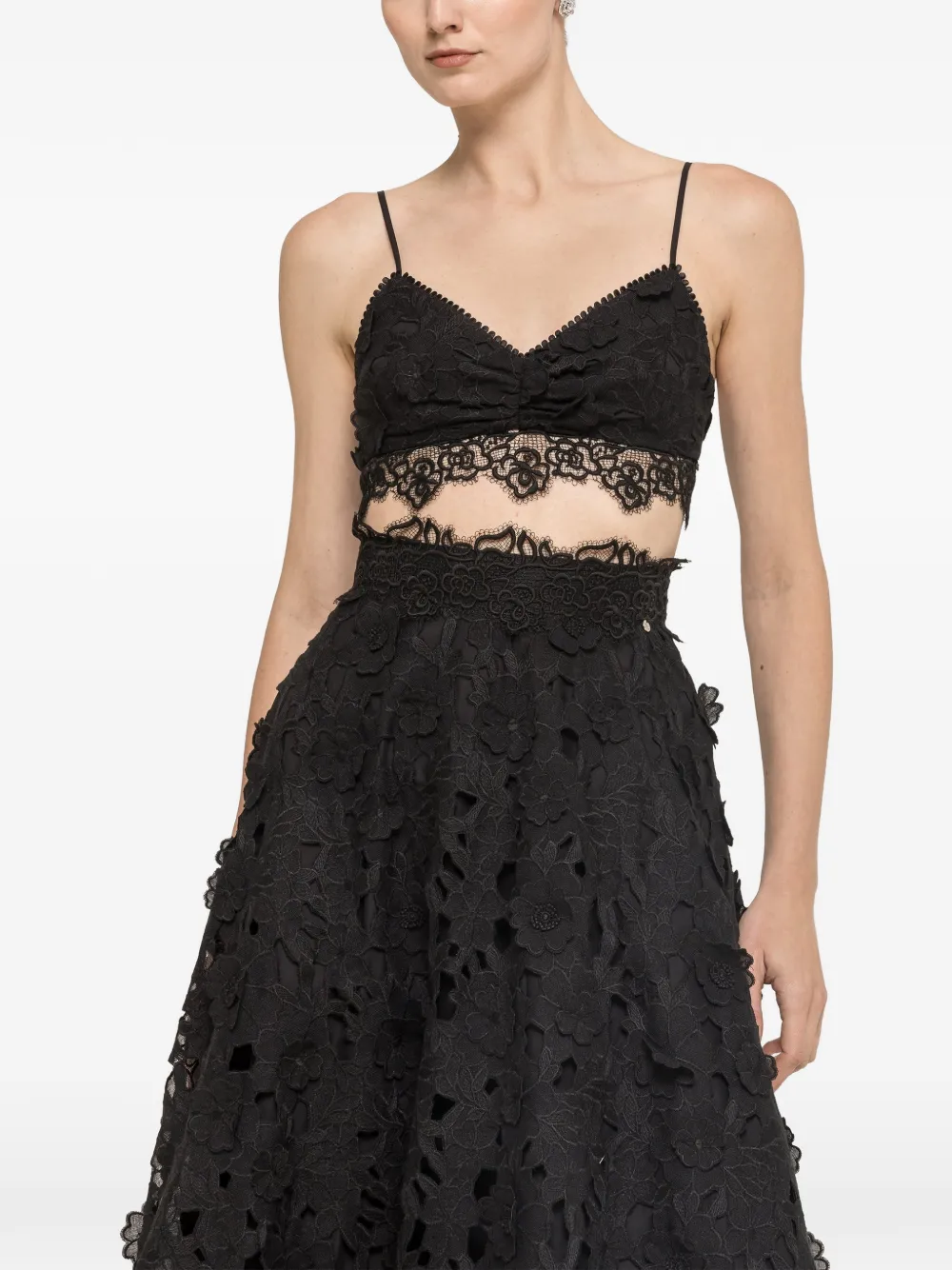 Nissa 3d Floral Embroidery Cotton Crop Top In Black