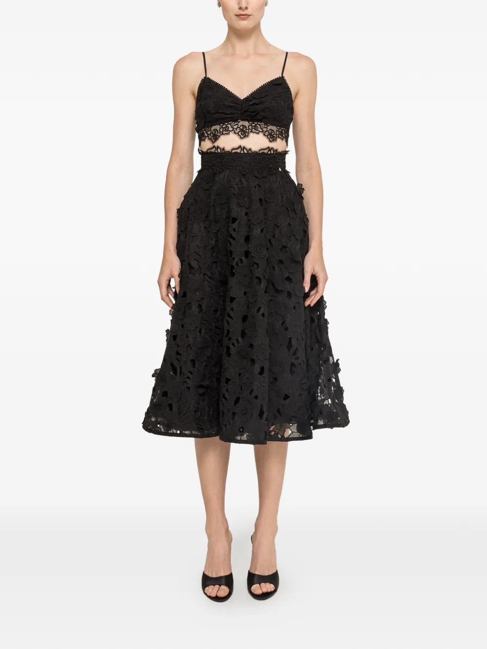 NISSA 3D floral embroidery cotton crop top - Nero