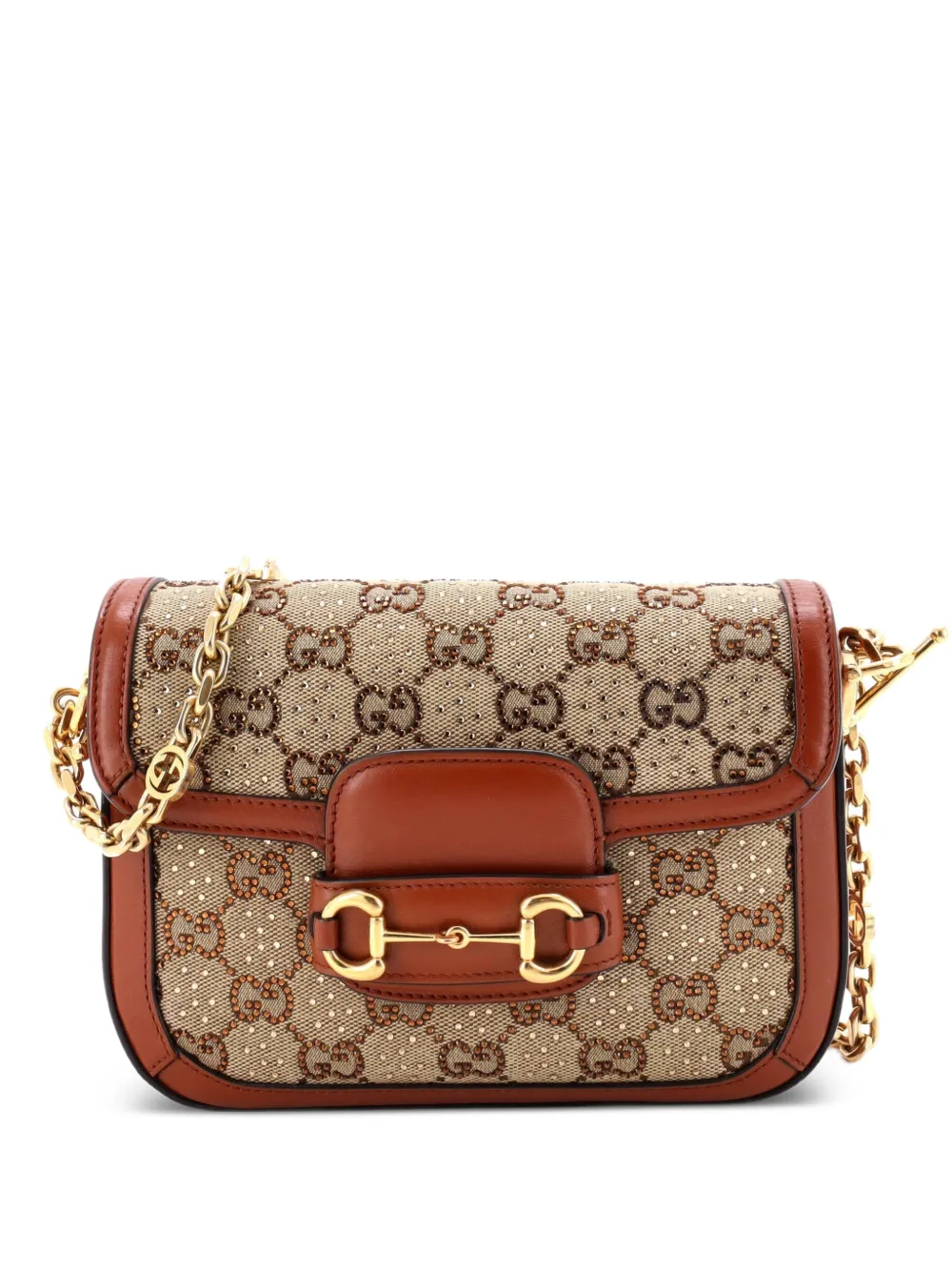 Gucci Pre-Owned Borsa a spalla Horsebit 1955 mini in tela GG con cristalli - Marrone