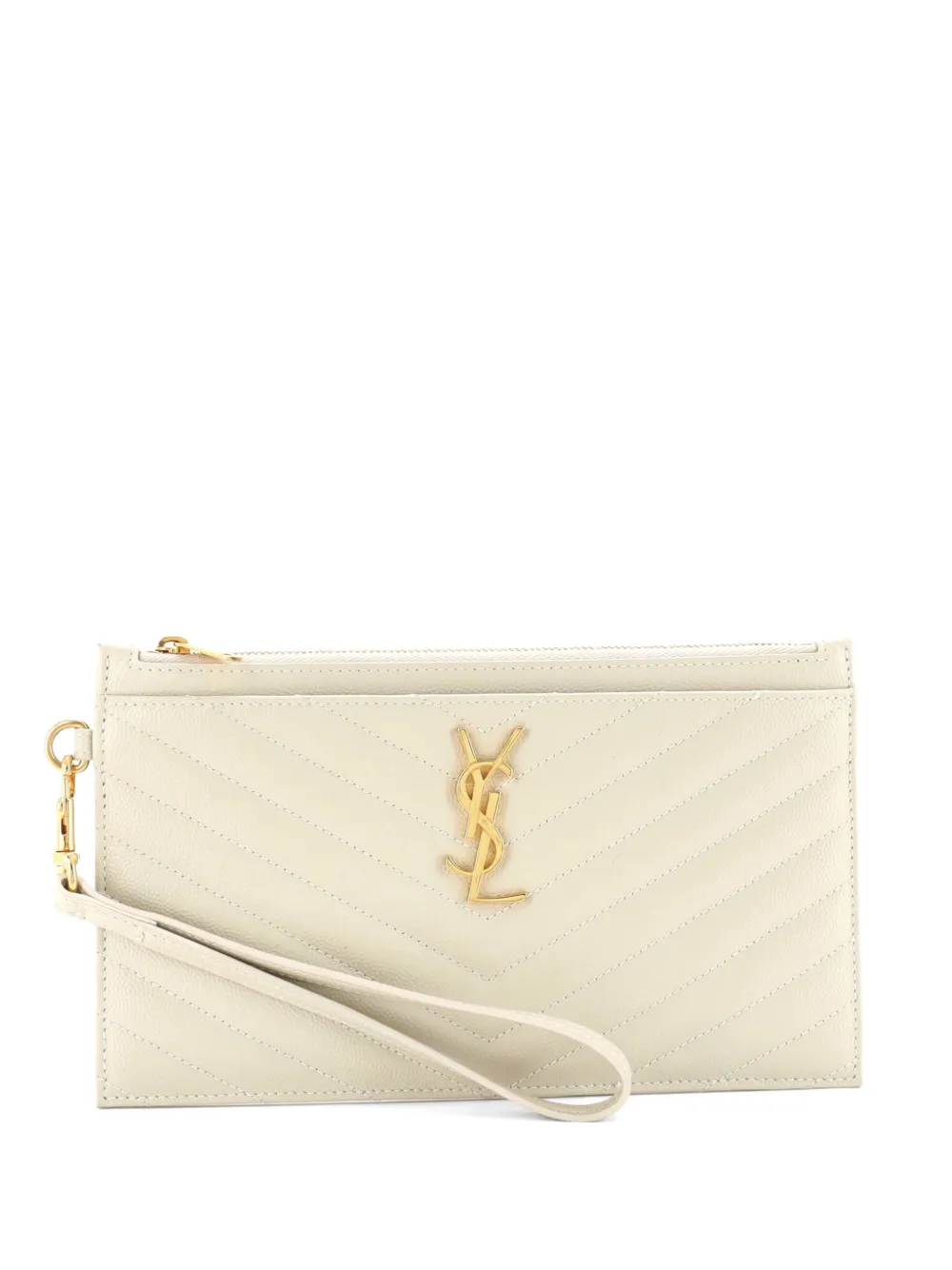 Saint Laurent Pre-Owned Clutch Classic Monogram piccola in pelle matelassé con motivo chevron e cinturino da polso - Toni neutri