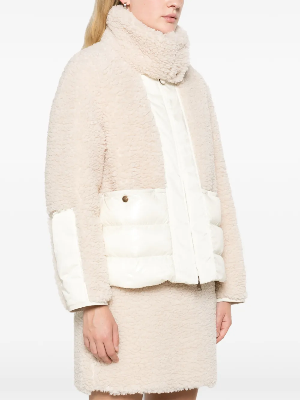 Moncler Glorieux hooded teddy short down jacket Beige