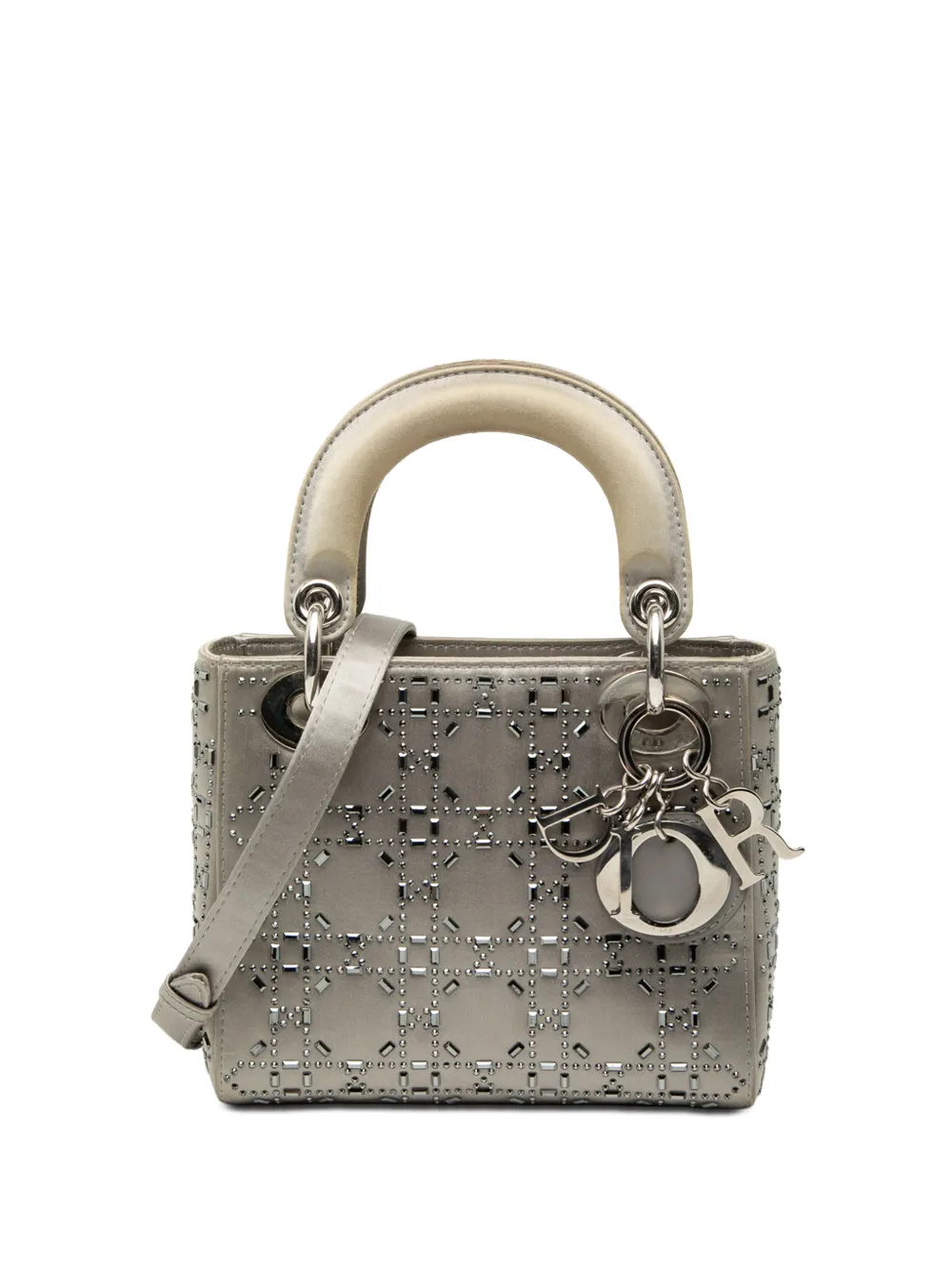 Christian Dior Pre-Owned 2021 Mini Satin Cannage Crystal Embellished Lady Dior satchel - Grigio