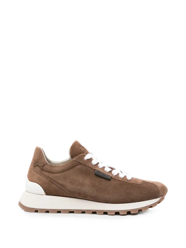 Brunello Cucinelli Suede Sneakers with Shiny Monili Tab in Brown