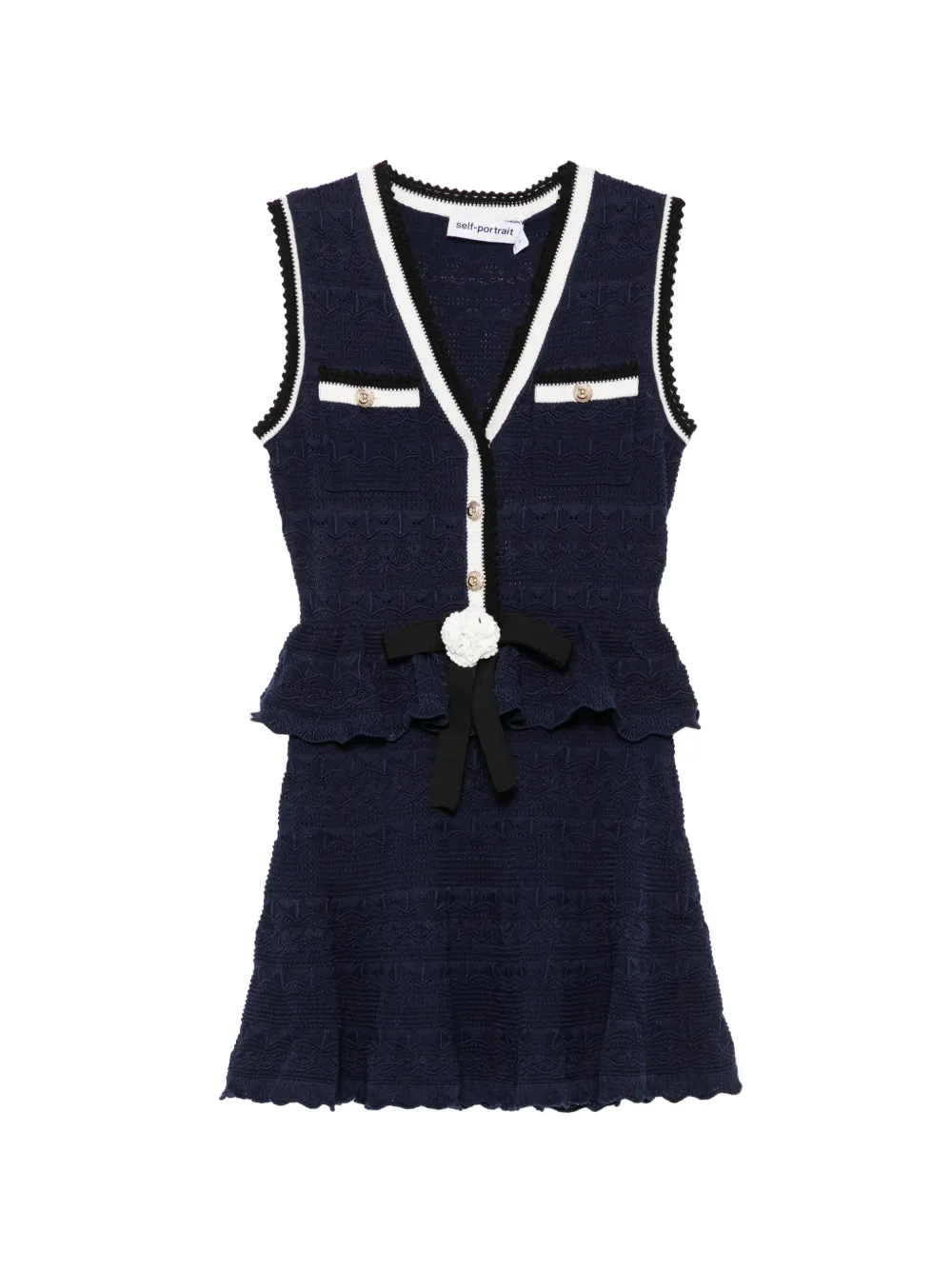 Self-Portrait bow-detail pointelle-knit mini dress - Blu