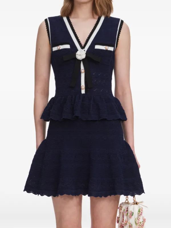 self-portrait blue pointelle knit mini dress Navy Peplum in Navy Ribbed dress