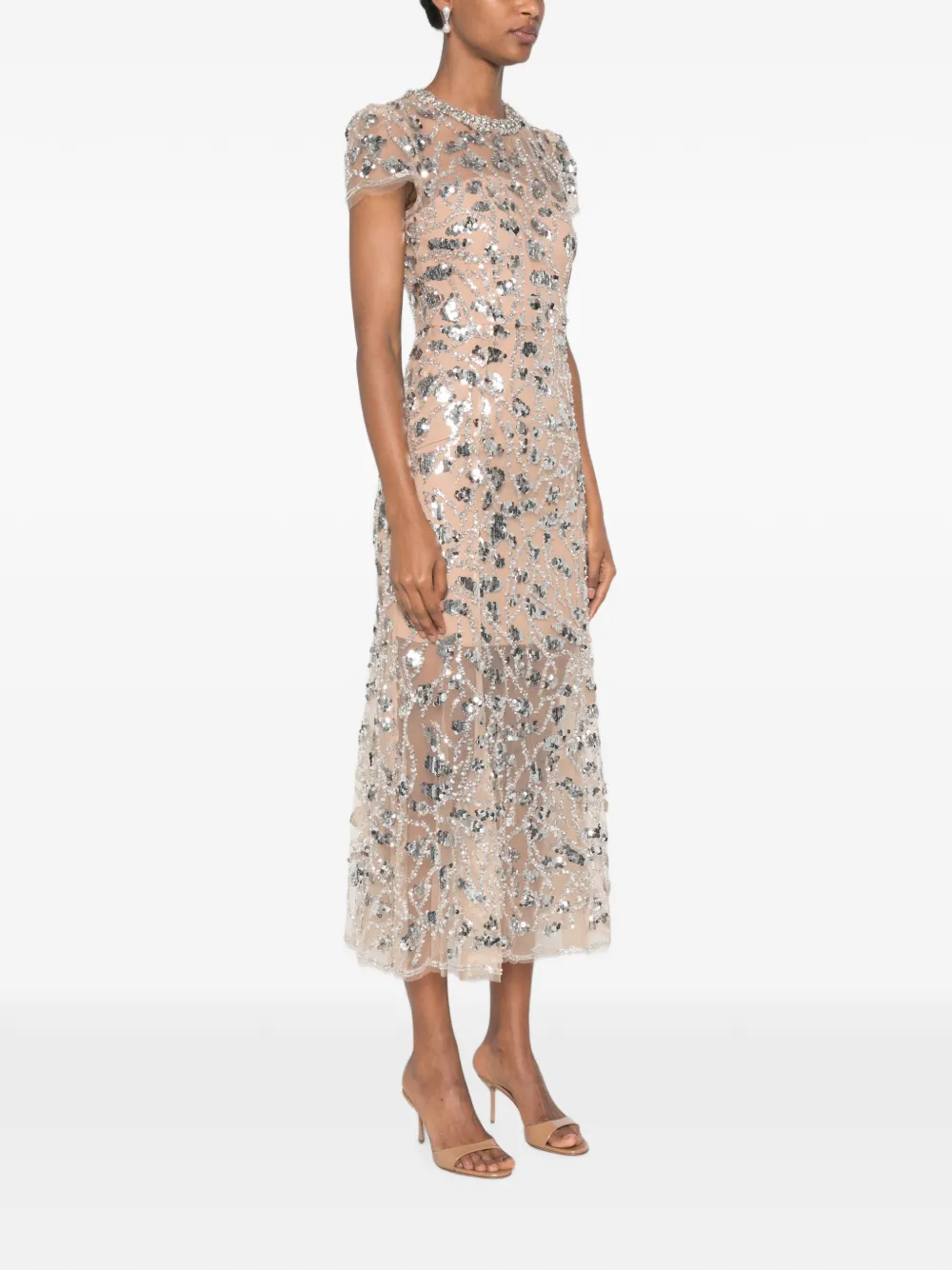 Self-Portrait Midi-jurk verfraaid met pailletten en hals met kristallen Beige