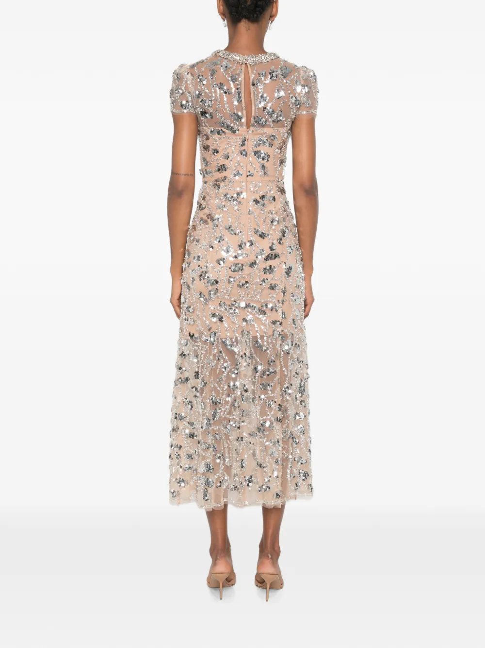 Self-Portrait Midi-jurk verfraaid met pailletten en hals met kristallen Beige