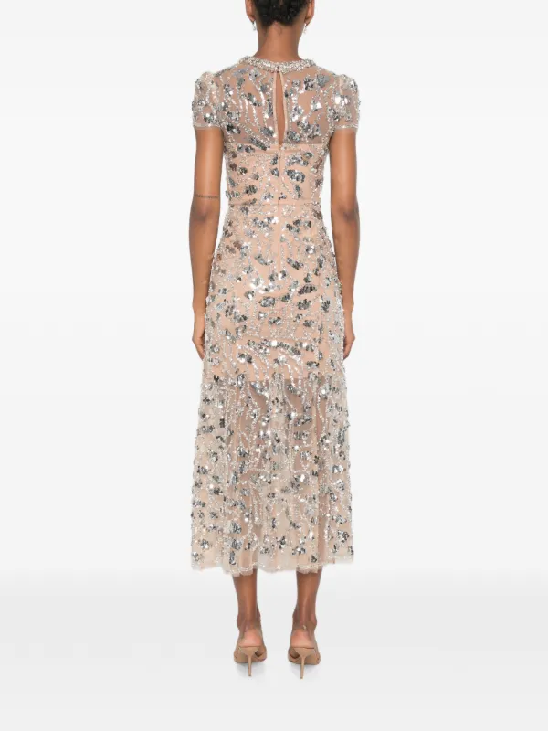 self portrait crew neck floral embellished midi dress Self-Portrait sequin-embellished floral-print Midi Dress | Neutrals
