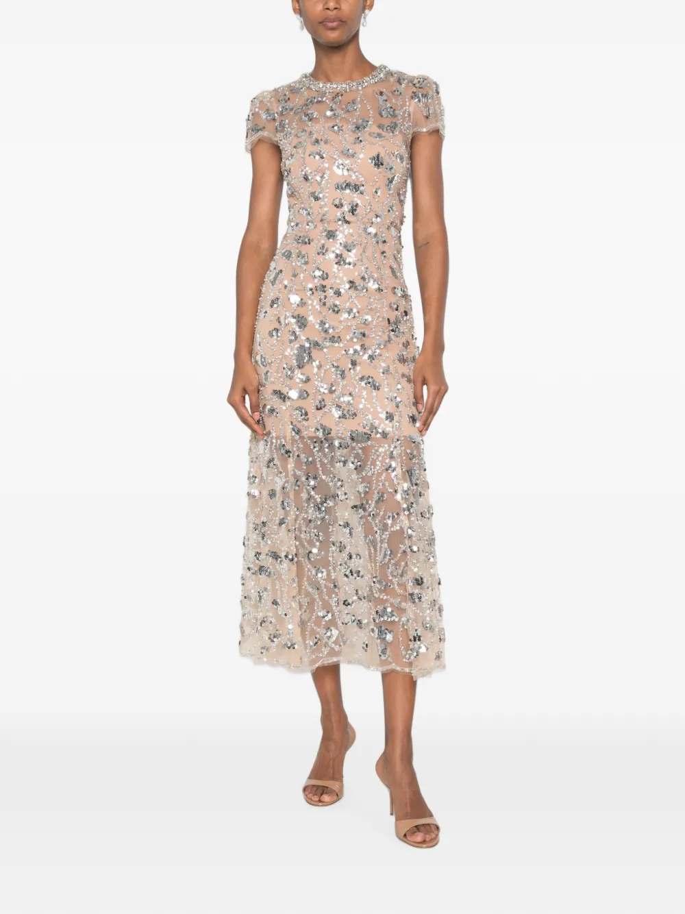 Self-Portrait Midi-jurk verfraaid met pailletten en hals met kristallen Beige