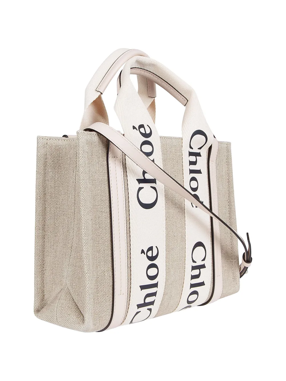 Chloé Kleine Woody shopper met logoband Beige