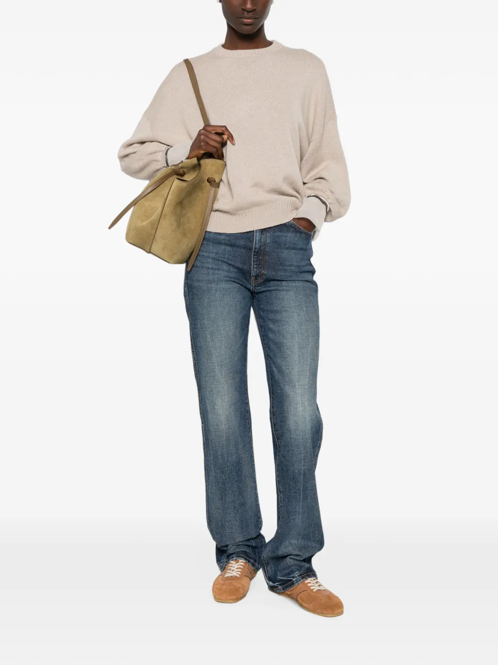 Brunello Cucinelli Monili-embellished panelled-cuff sweater - Toni neutri