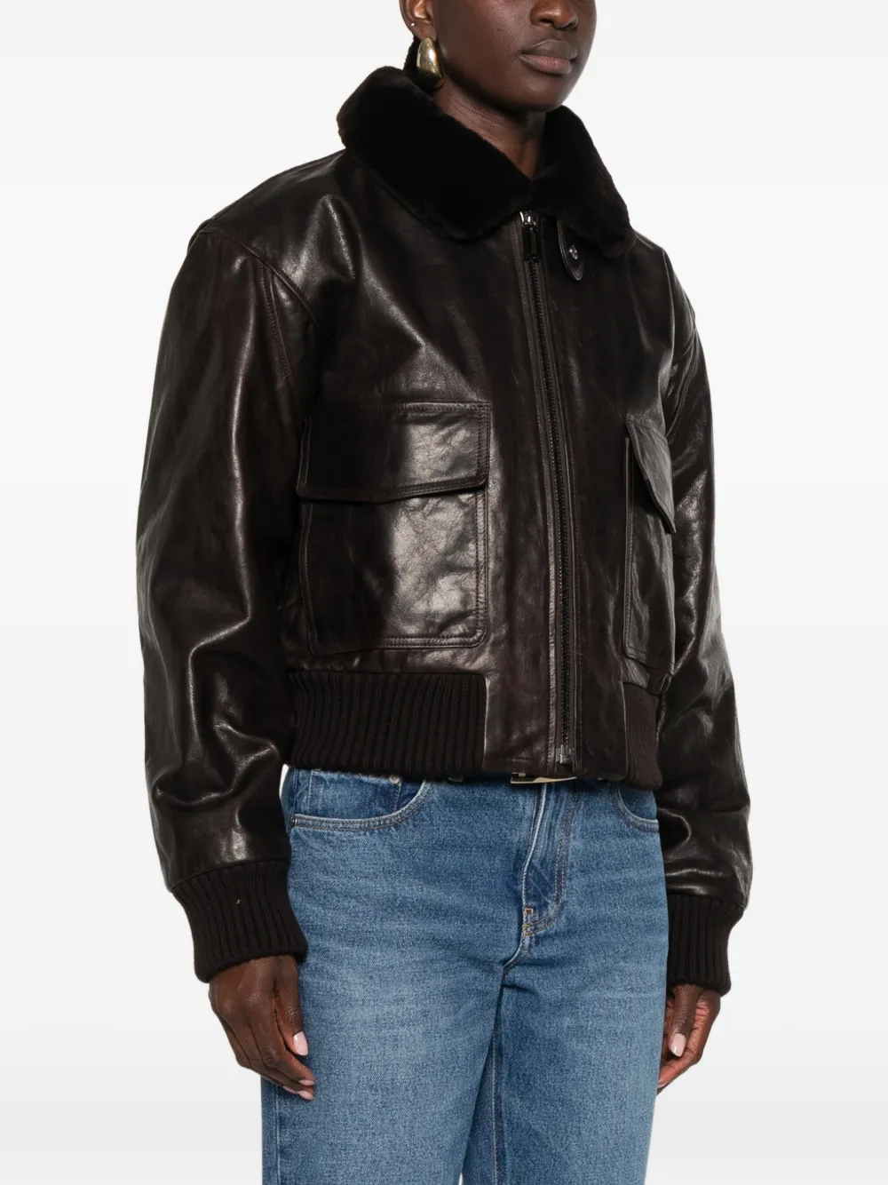Victoria Beckham Leren jack met contrasterende kraag Bruin