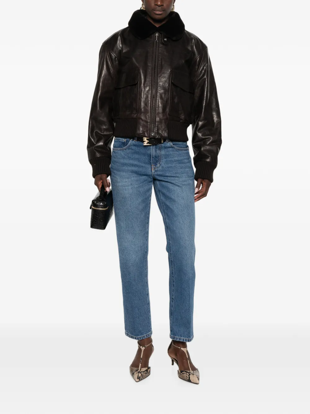 Victoria Beckham Leren jack met contrasterende kraag Bruin