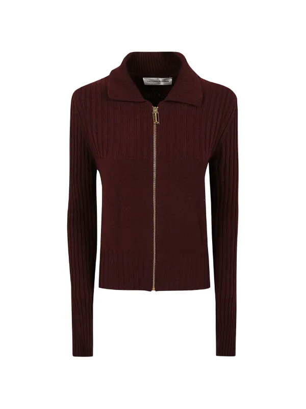 Victoria Beckham Ribbed-knit Zip-up Cardigan in Red