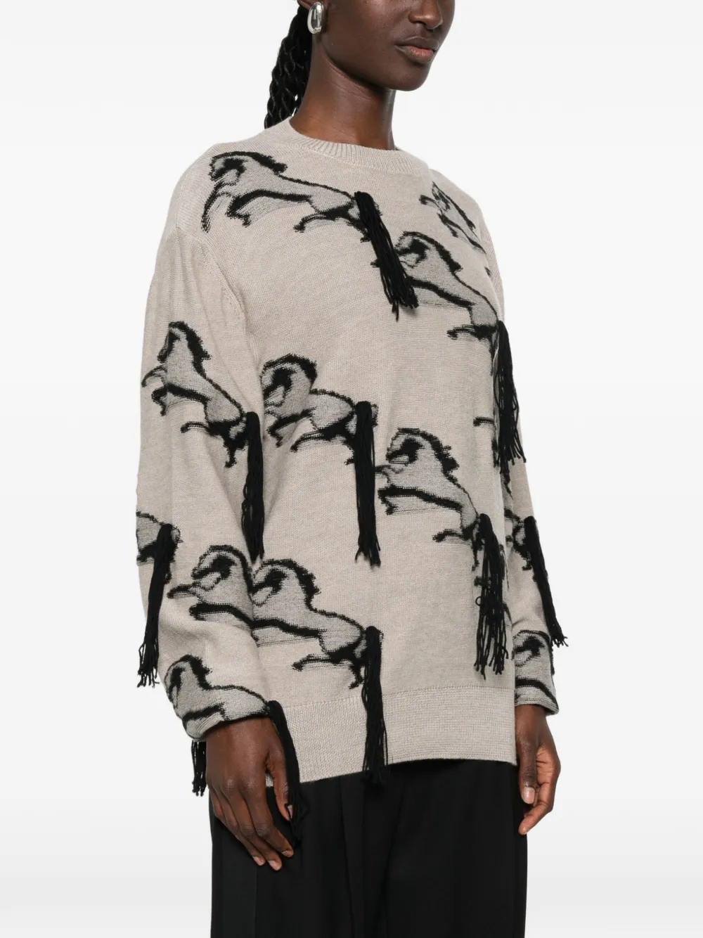 Stella McCartney Trui met franje en paarden-patroon Beige