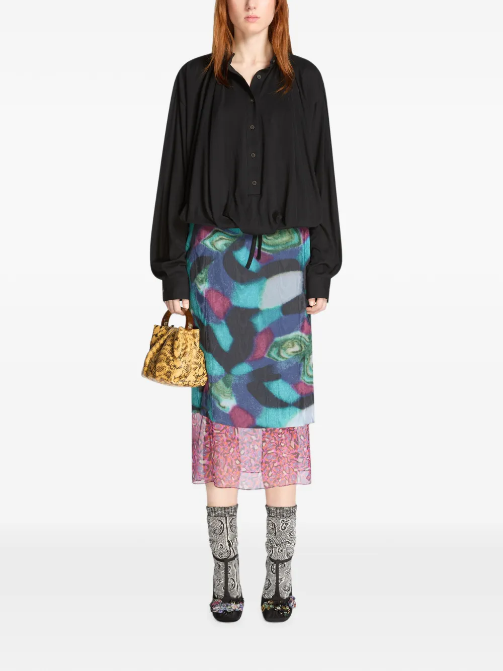 DRIES VAN NOTEN Gelaagde moiré rok Zwart