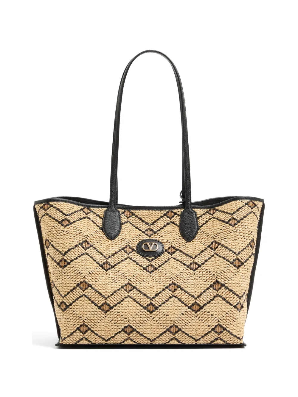 Valentino Garavani medium raffia shopping bag with geometric pattern - Neutrals