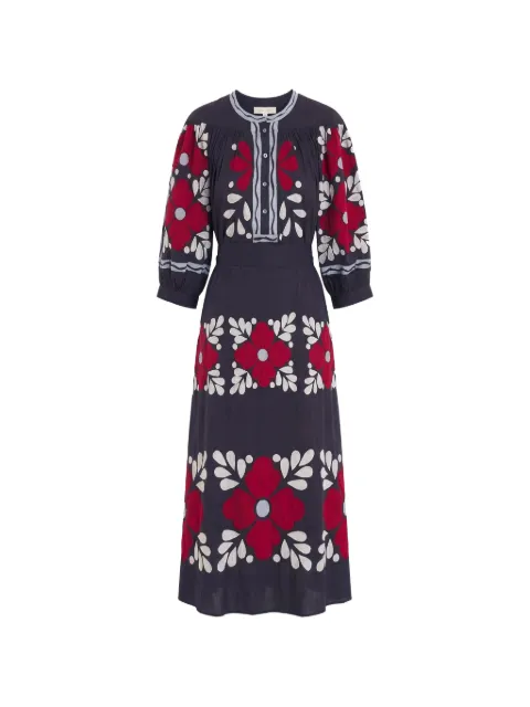 Antik Batik floral-embroidered puff-sleeve midi dress