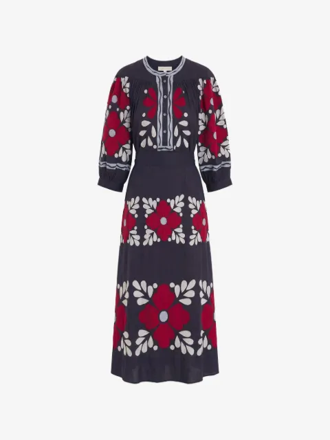 Antik Batik floral-embroidered puff-sleeve midi dress
