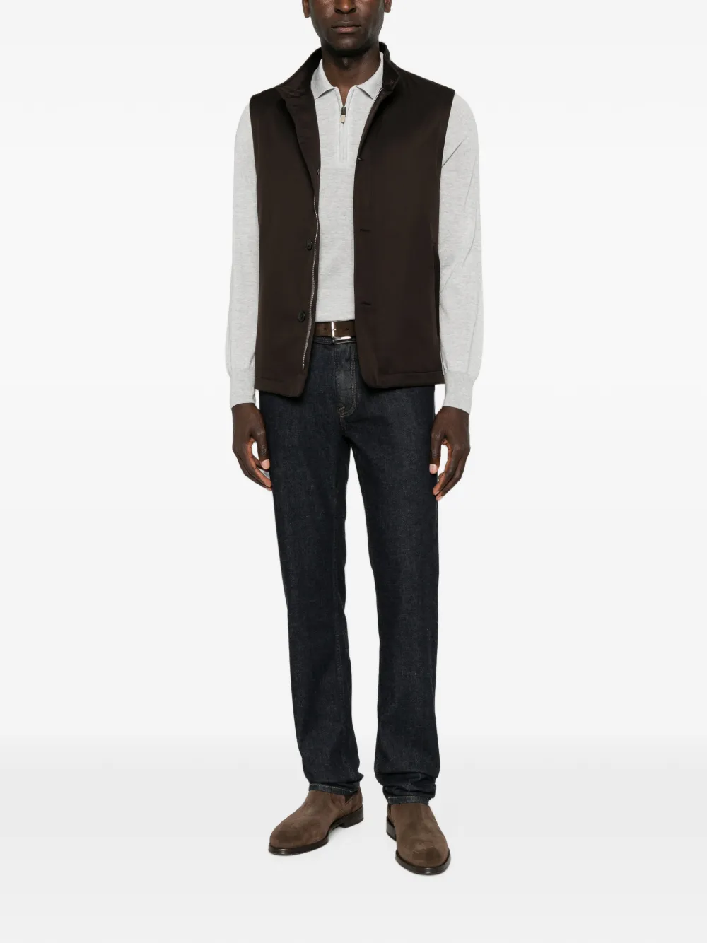 Zegna leather-trim button-up gilet Bruin