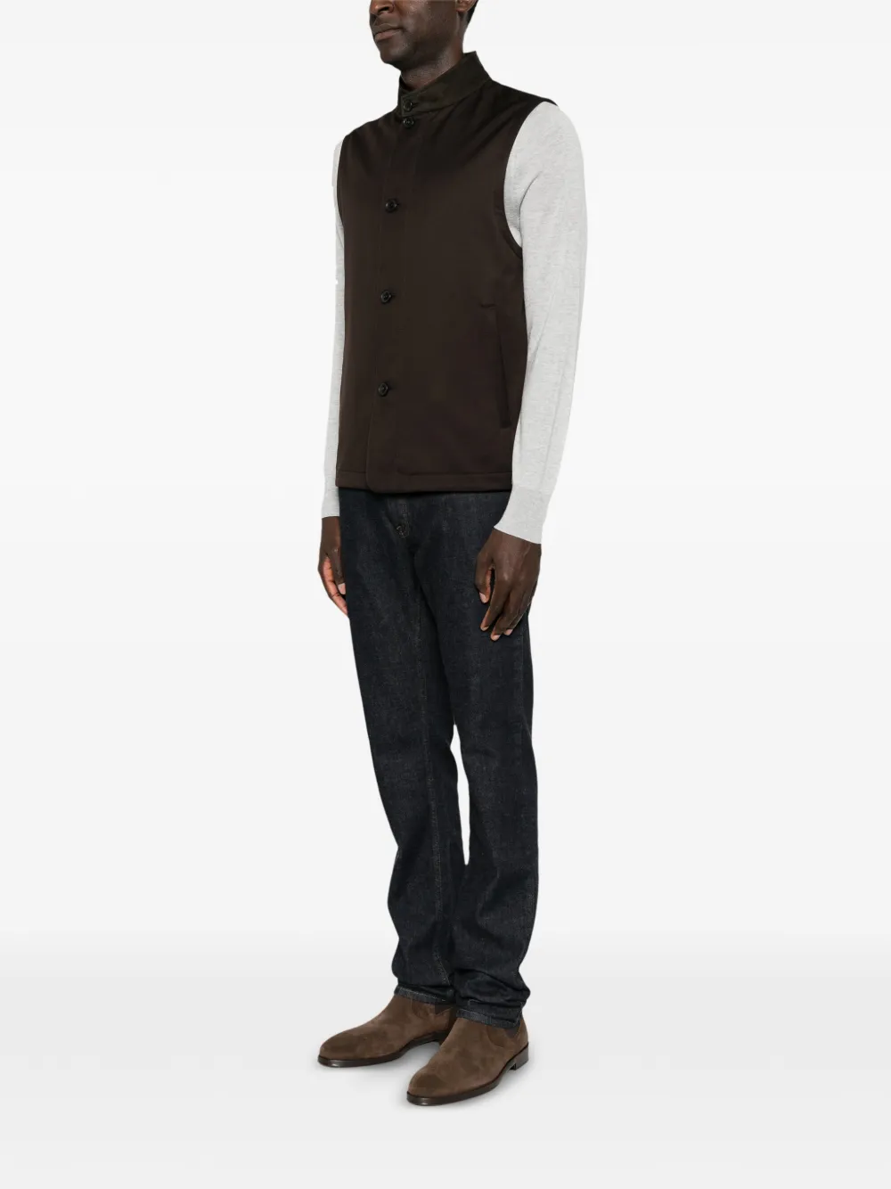 Zegna leather-trim button-up gilet Bruin