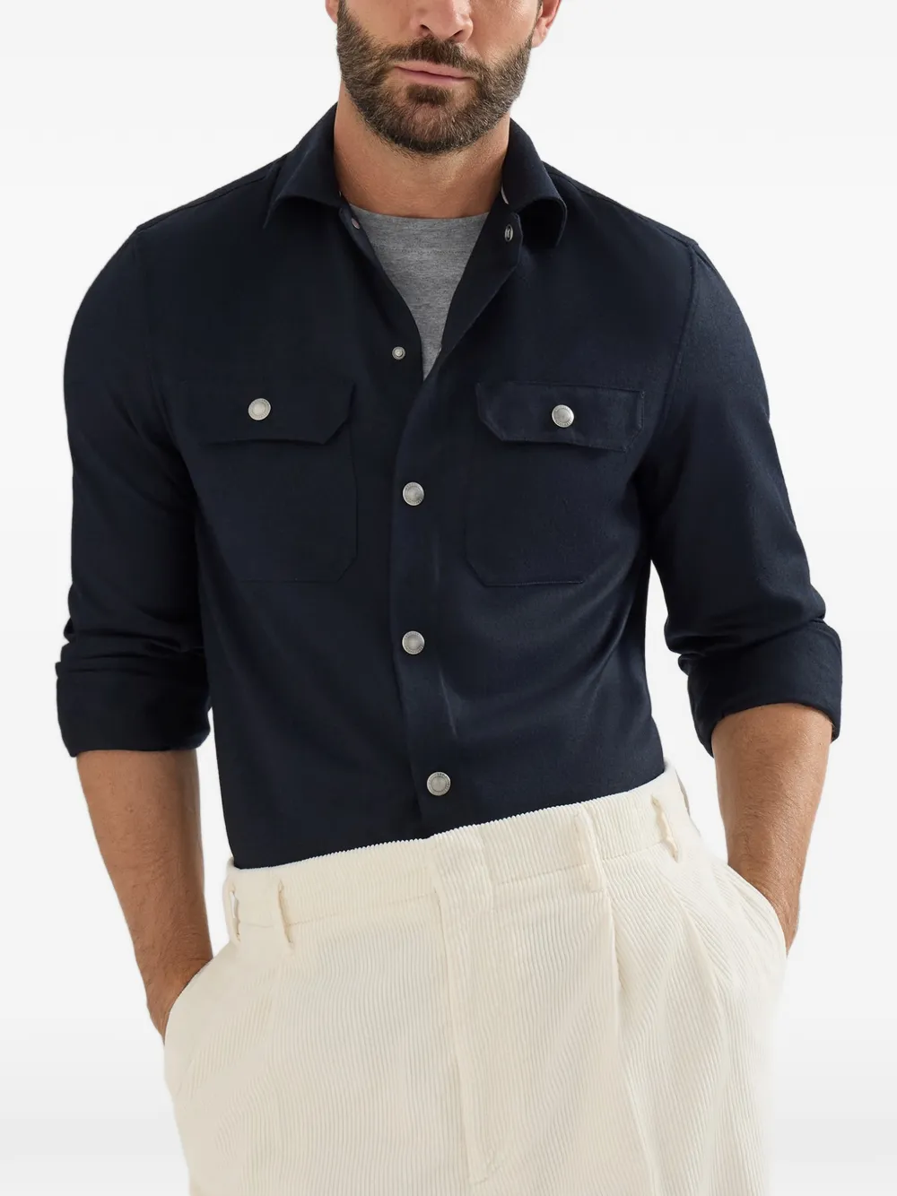 Brunello Cucinelli Overhemd van scheerwol met drukknoop Blauw