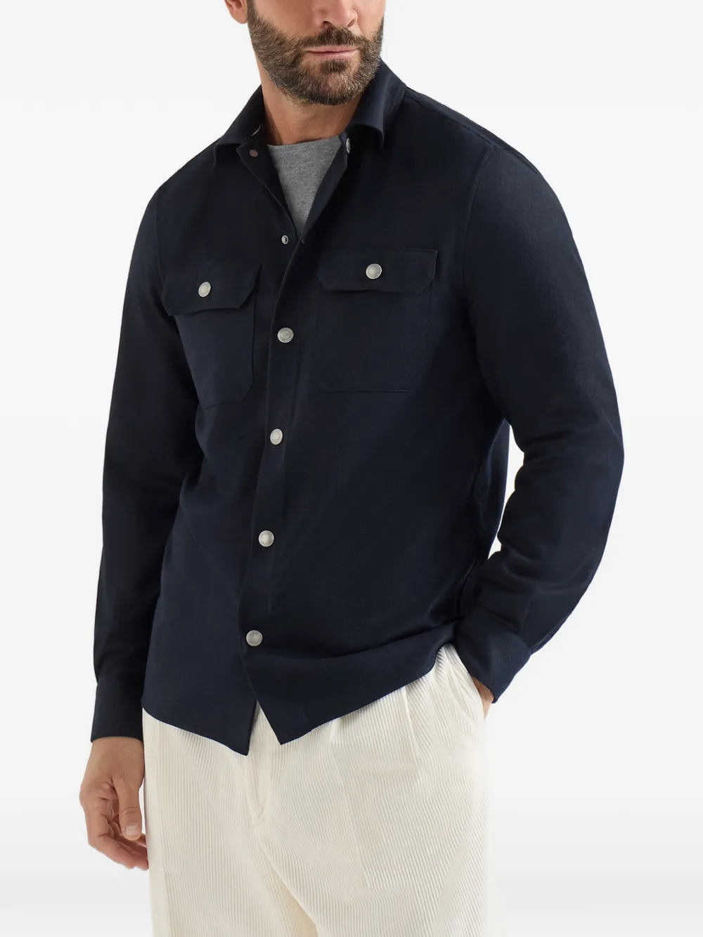 Brunello Cucinelli Overhemd van scheerwol met drukknoop Blauw