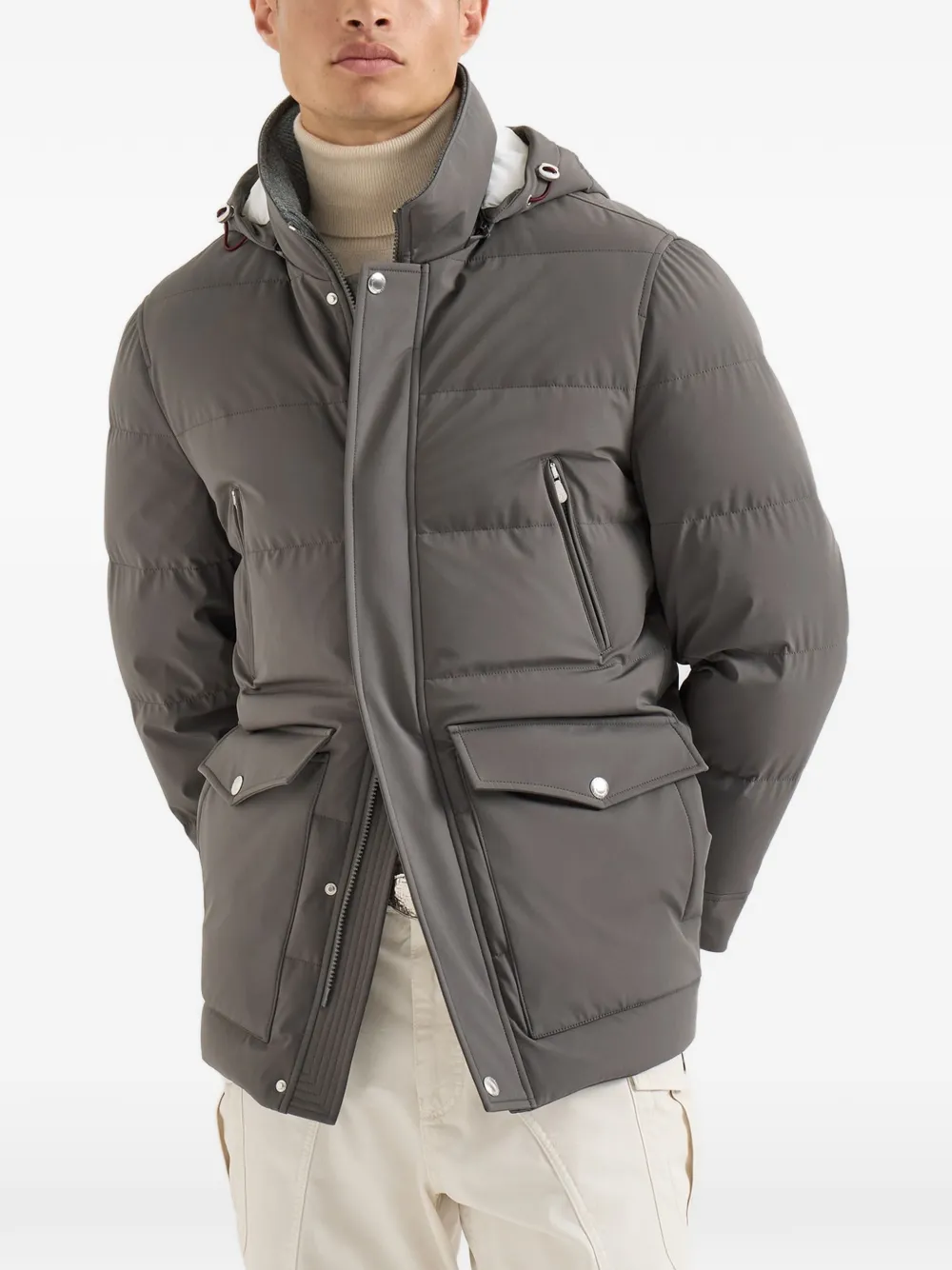 Brunello Cucinelli Gewatteerd jack met capuchon Grijs