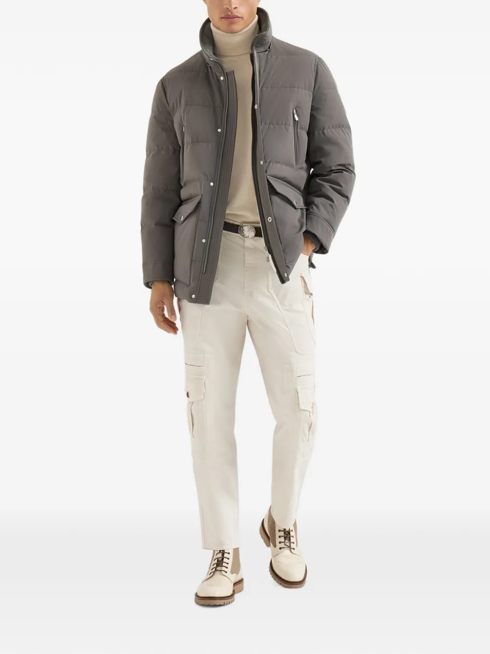Brunello Cucinelli Gewatteerd jack met capuchon Grijs