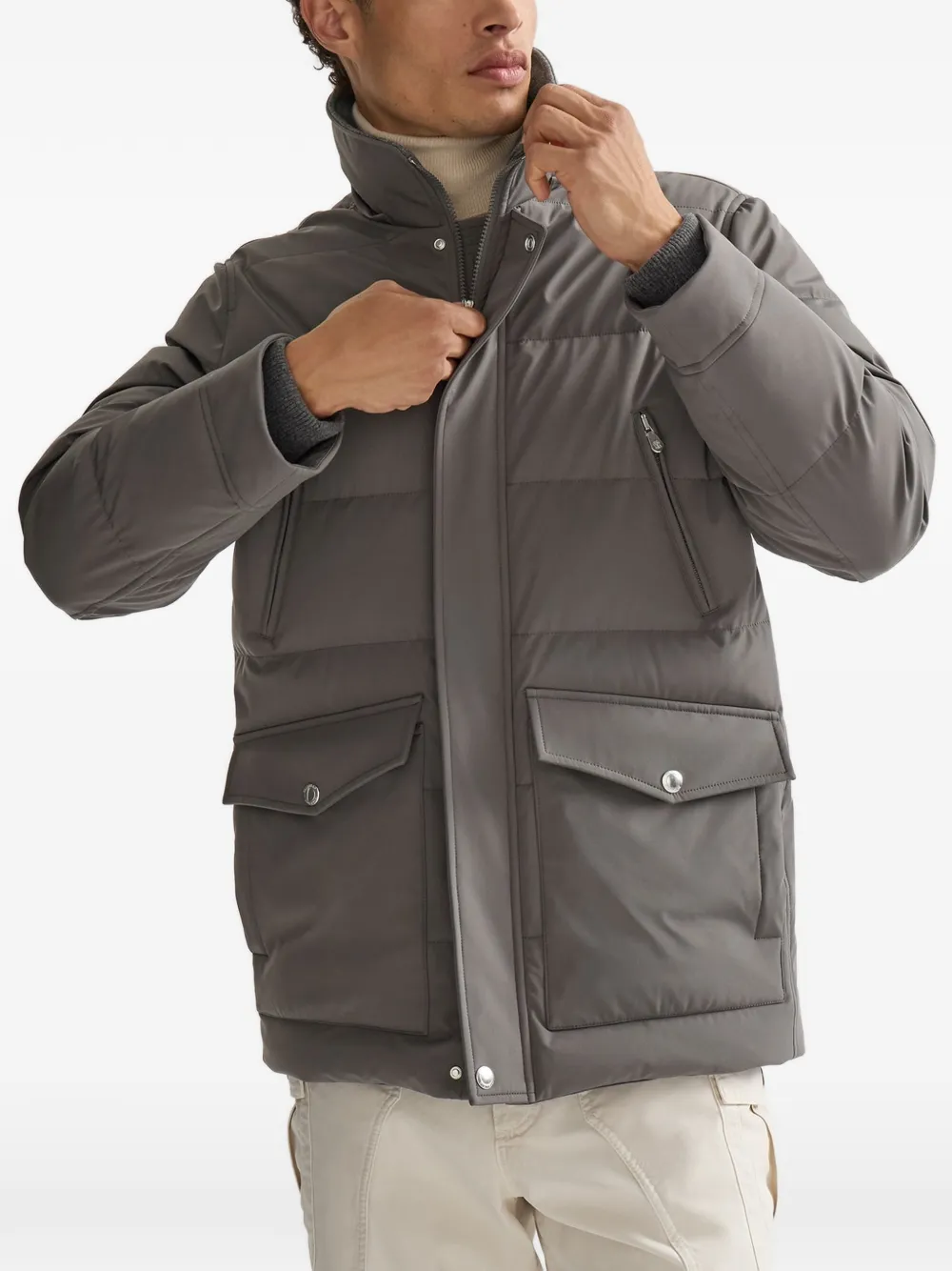 Brunello Cucinelli Gewatteerd jack met capuchon Grijs