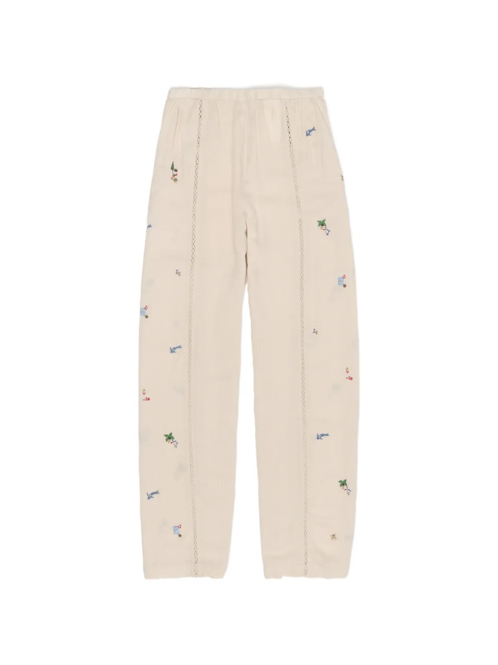 Bimba Y Lola Wide White Linen Trousers With Lace And Mini Embroidery In Multi