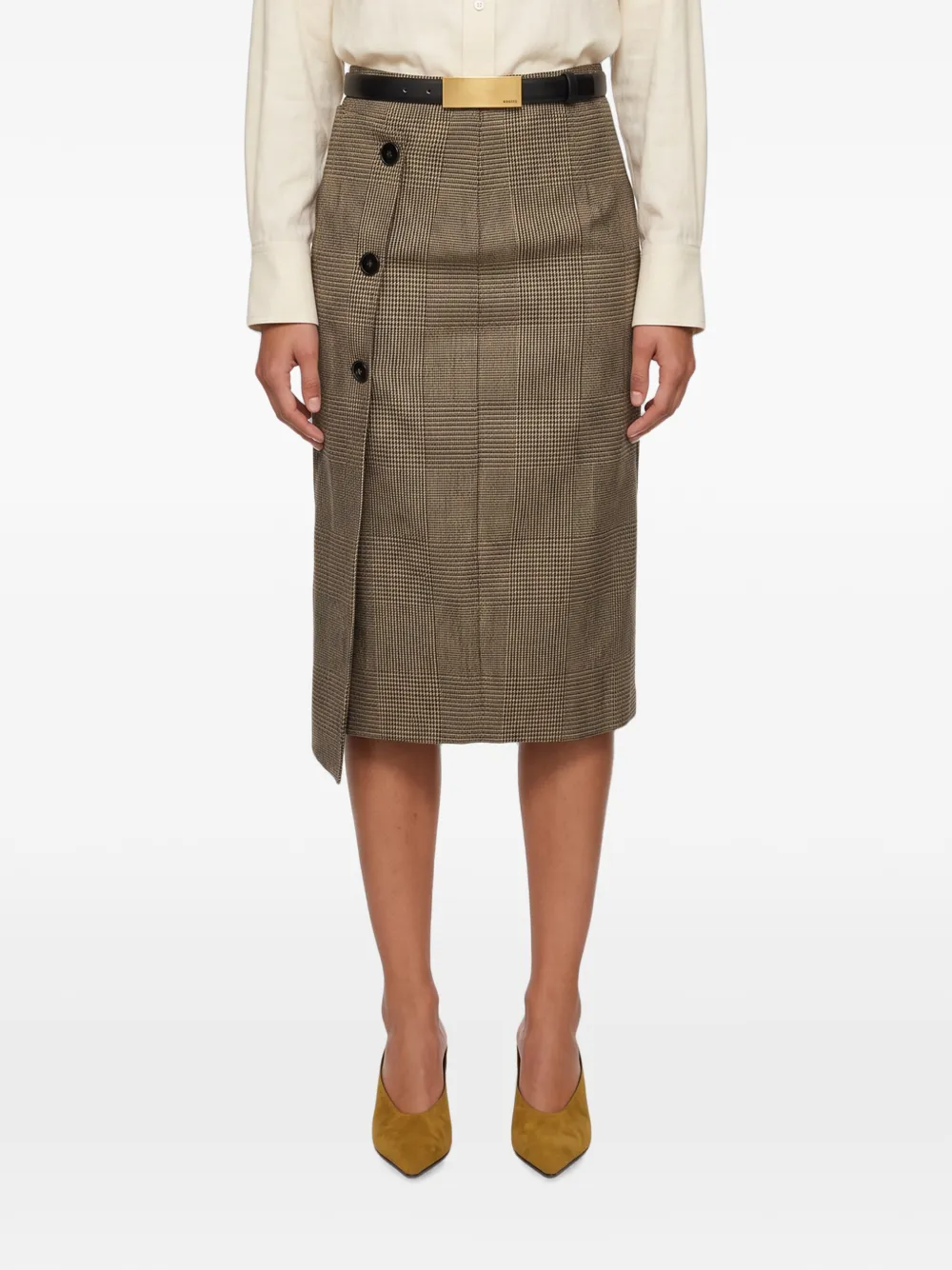 Antonelli Prince of Wales geruite midi-rok met knopen Bruin