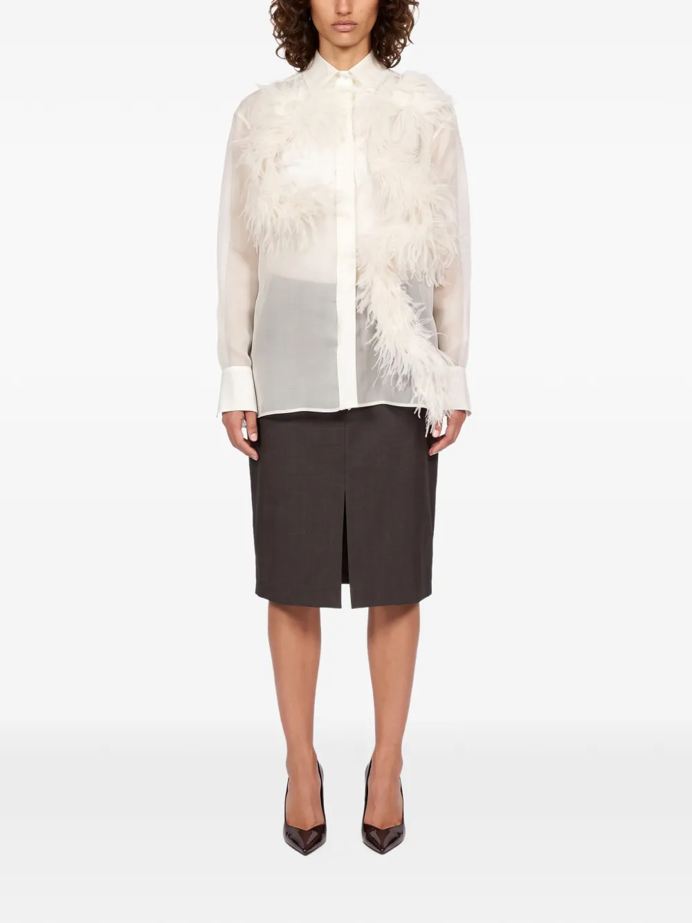 Antonelli feather-trim sheer shirt Wit