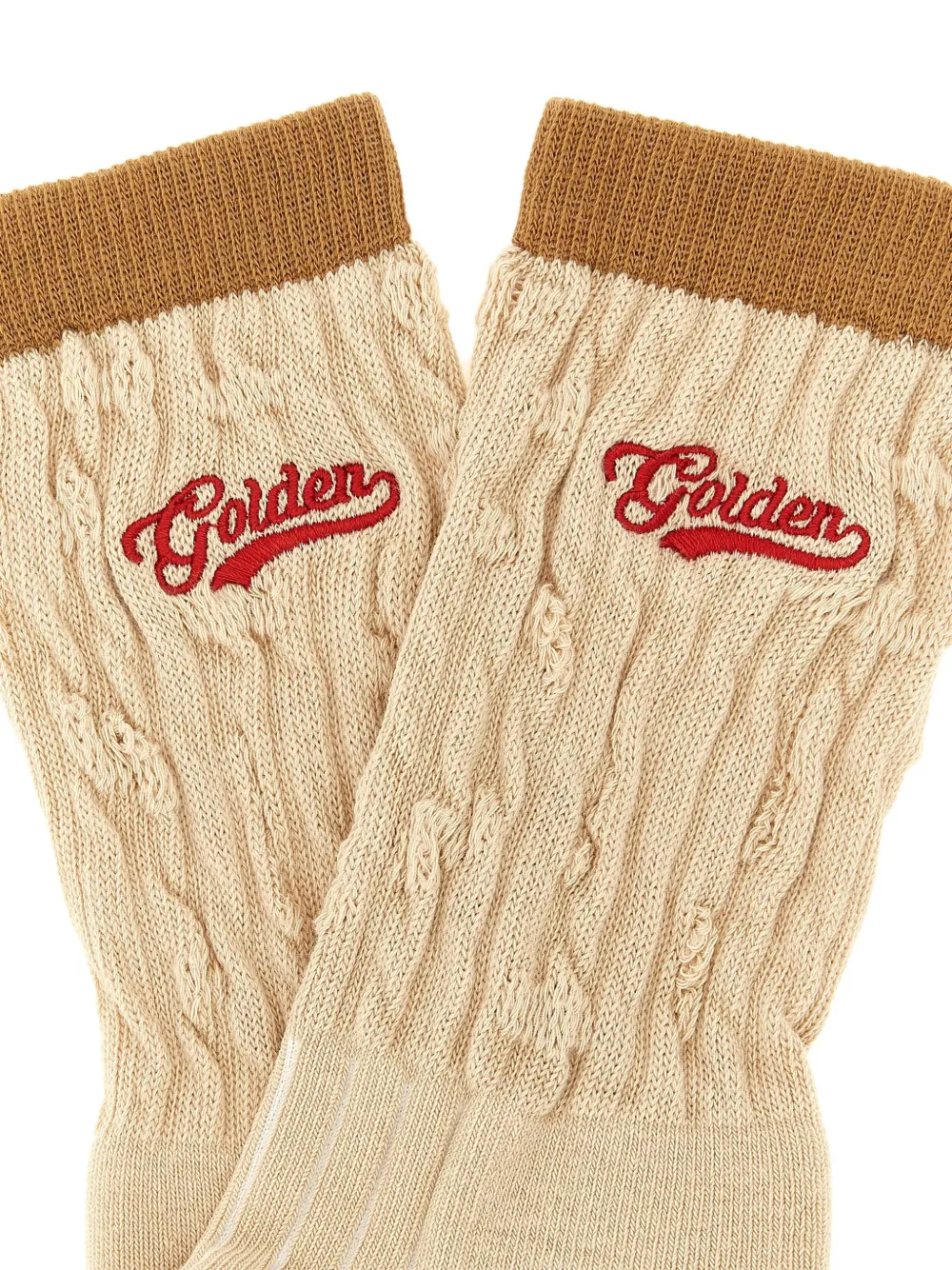 Golden Goose Geribbelde sokken met geborduurd rood logo en bruine details Beige